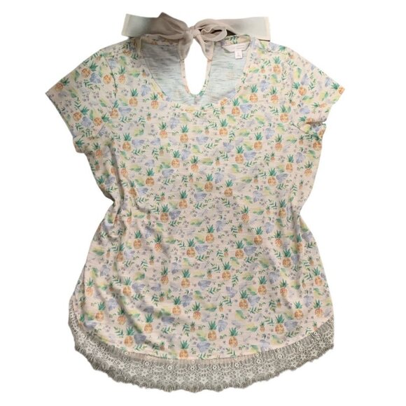 Lauren Conrad Pineapple Print Eyelash Lace Tie Back Top Sz L #135A - Picture 3 of 10